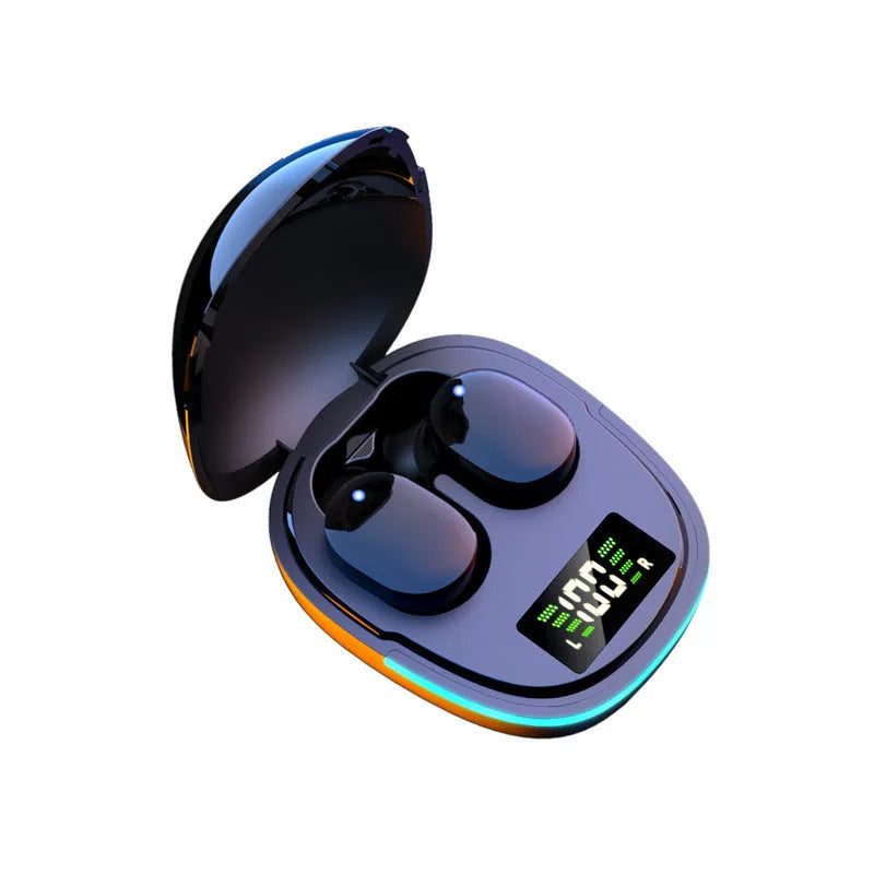 Black true wireless Bluetooth earbuds and magnetic charging case on a white background.