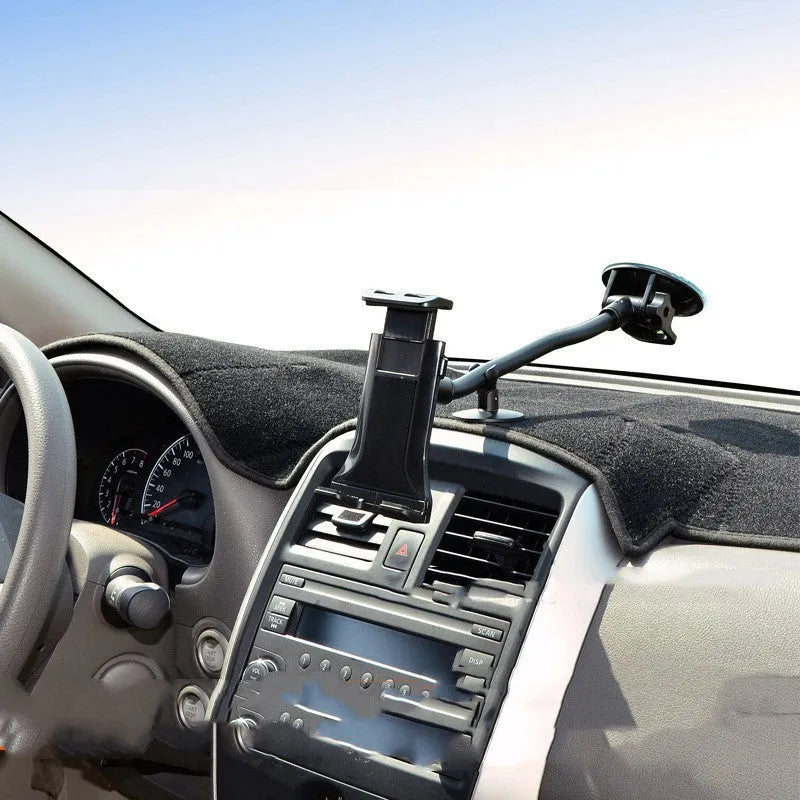 Black universal car tablet holder with long-rod suction cup for 4-12 inch devices.