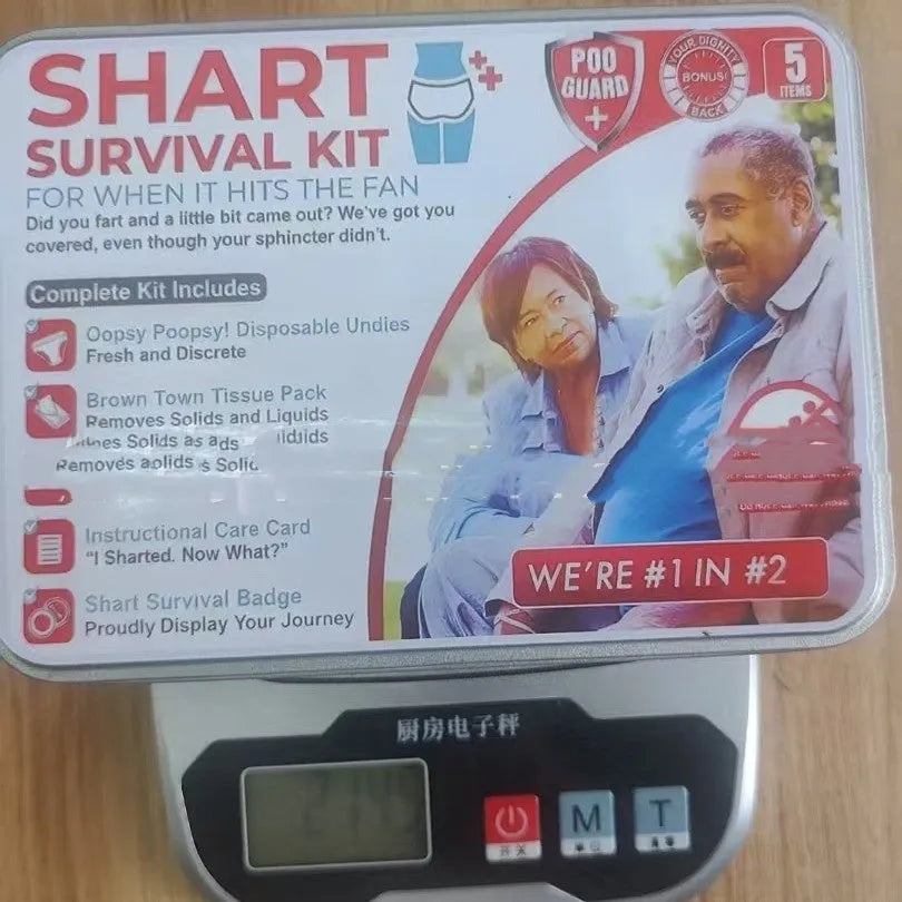 Poop Gift Set Survival Kit in aircraft box with wet wipes, dry wipes, disposable underwear, badge, and instruction card