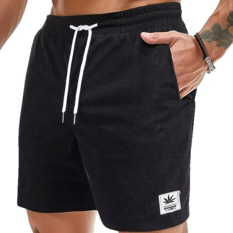 Men's drawstring waist summer shorts in black blue grey khaki colours with straight leg styling