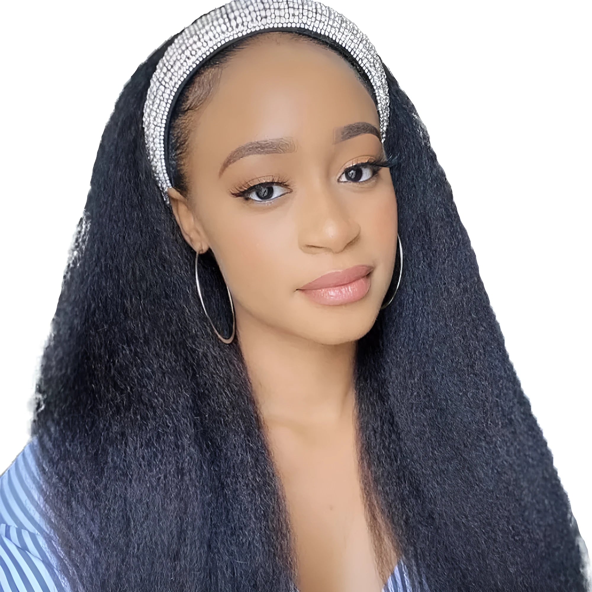 Headband wig human hair kinky straight natural 1B colour 8 to 26 inch length no knots