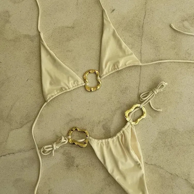 Women's halter neck bikini set with lace-up low waist design in solid colour options