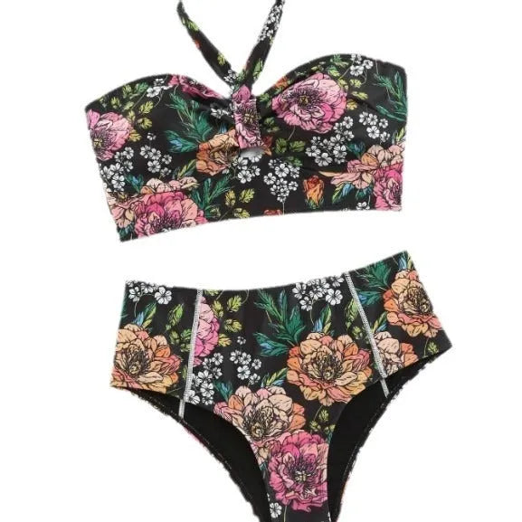 Women's printed black nylon bikini set with triangle top and brief bottom