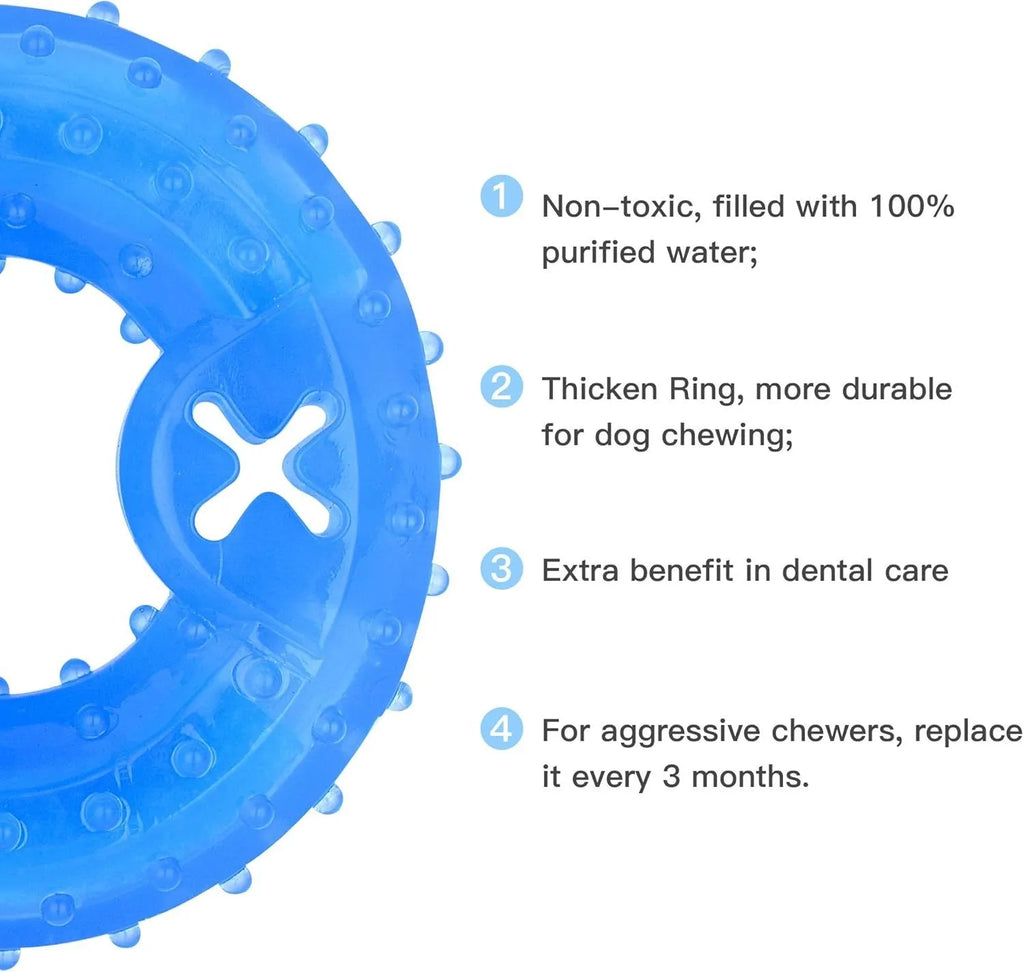Freezable dog teething chew toy in bone and circle shapes on a blue background.