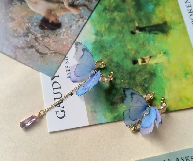 Original fairy mori style silk yarn butterfly earrings with unset inlaid, animal shape, lightweight design