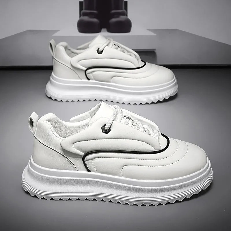 PU leather thick bottom bread shoes in matte cowhide, showing low heel design.