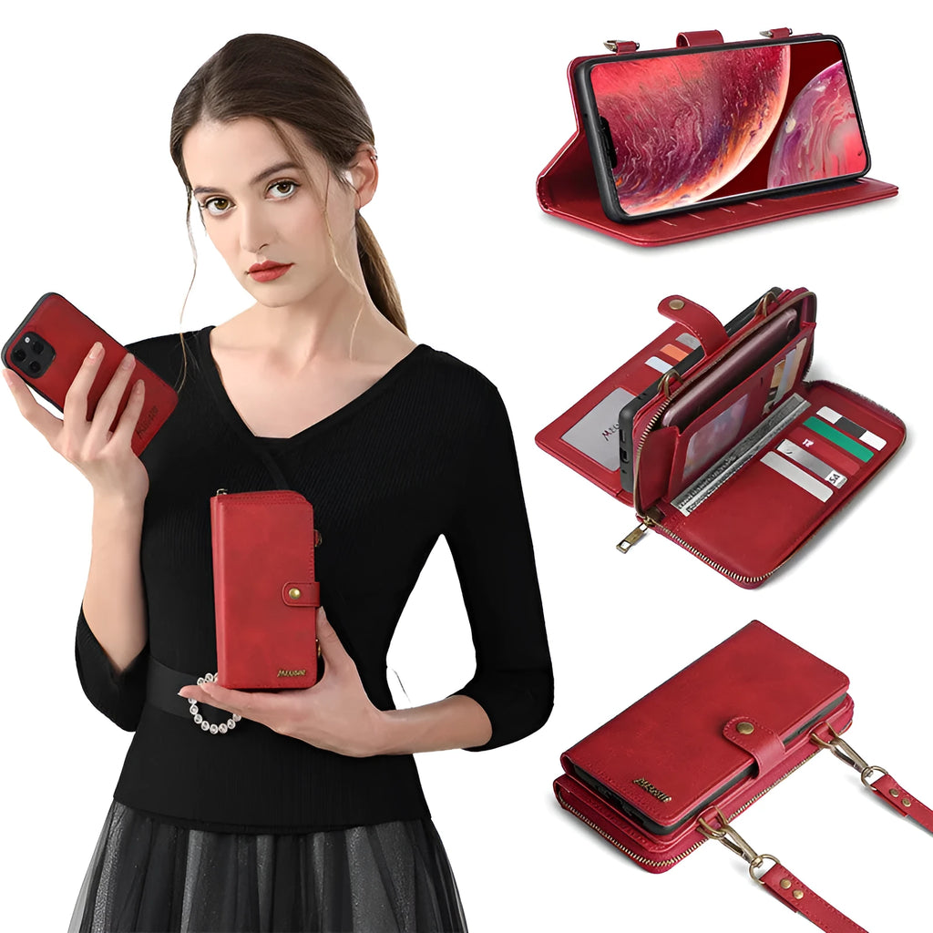 Black detachable wallet backpack phone case for iPhone and Samsung Galaxy models on a table.