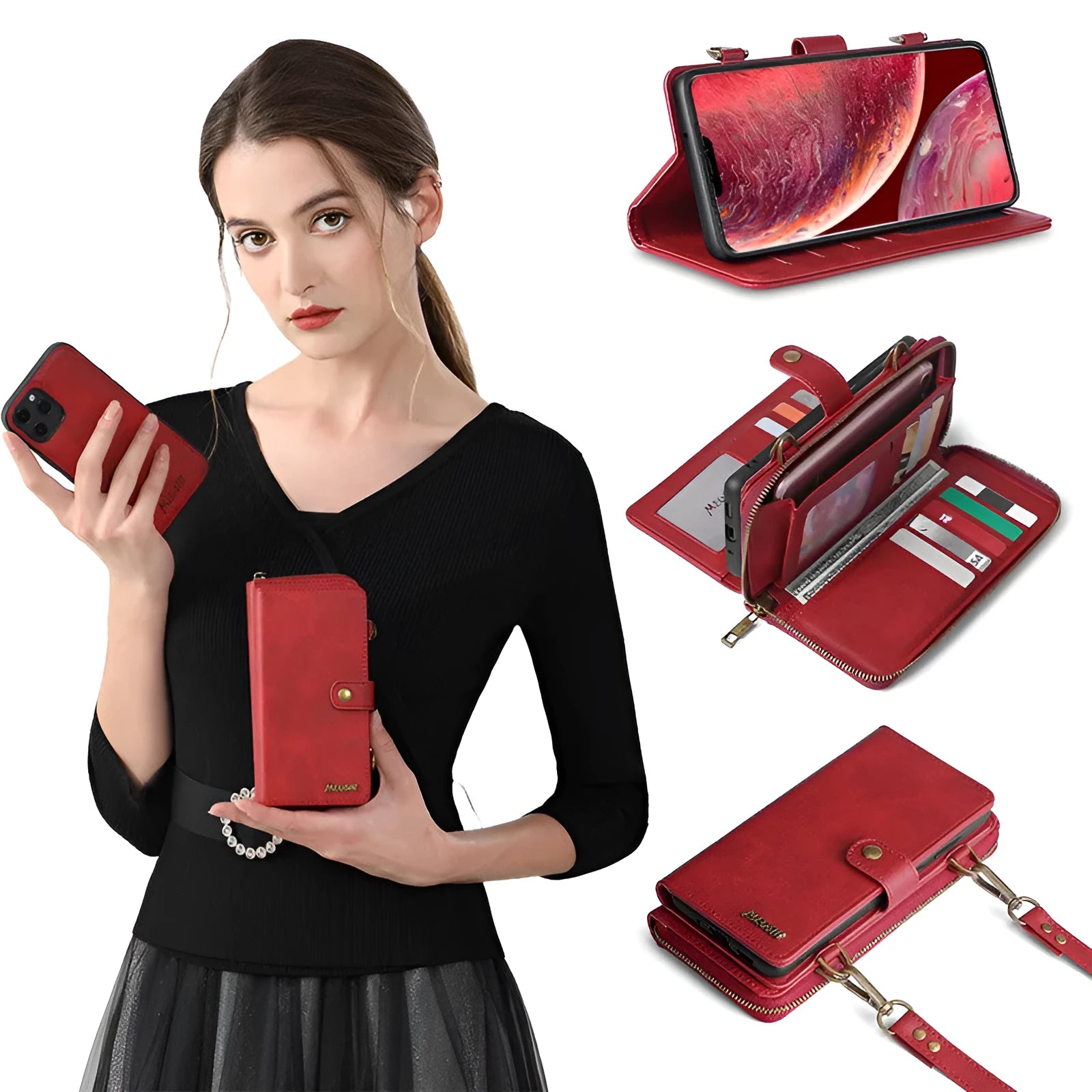 Black detachable wallet backpack phone case for iPhone and Samsung Galaxy models on a table.