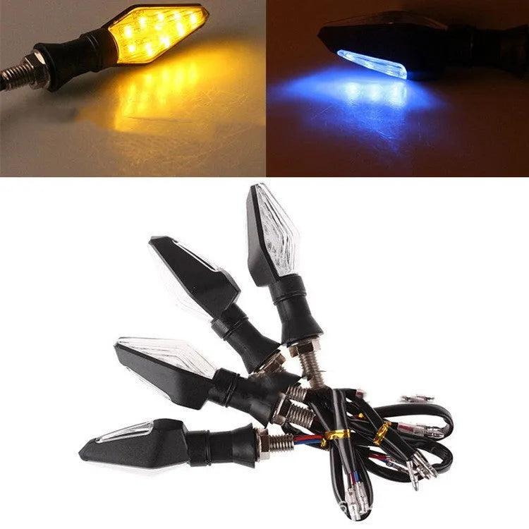 Motorcycle double-sided LED turn signal lights in yellow and blue colour options