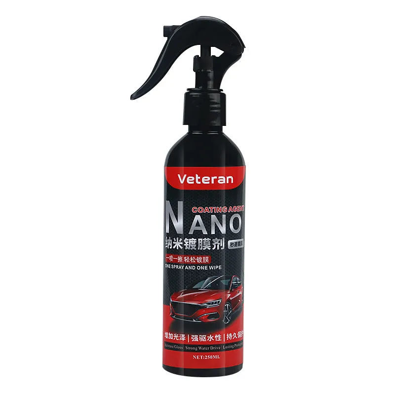 Bottle of liquid automotive coating agent spray for car polish and protection.