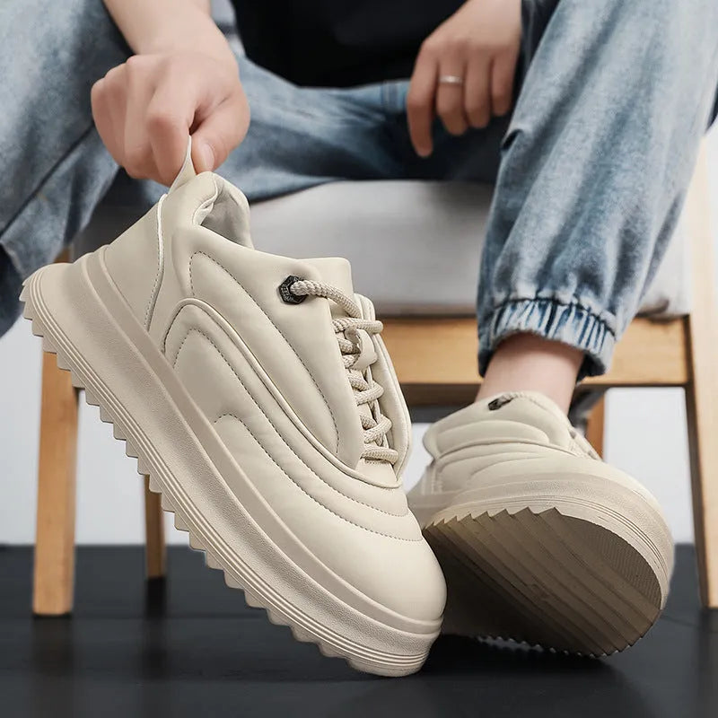 PU leather thick bottom bread shoes in matte cowhide, showing low heel design.