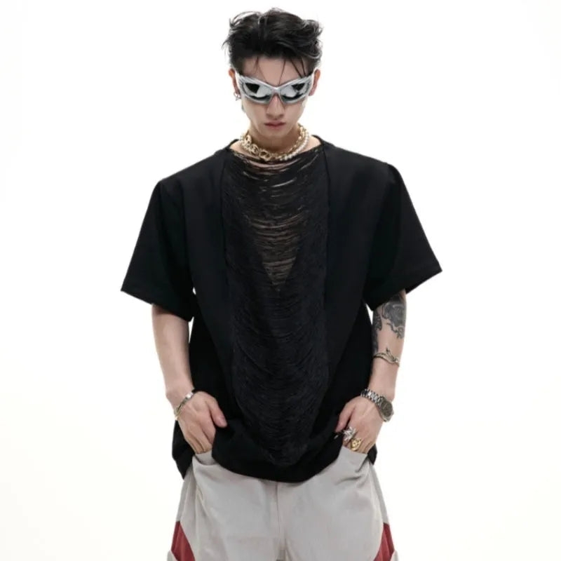 Men's black loose fit polyester t-shirt with V-neck and tassel details
