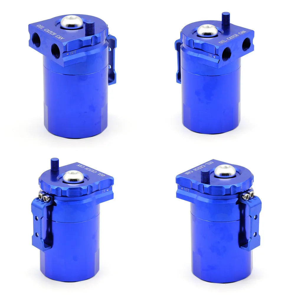 Car modification aluminium alloy engine oil breather pot in red, blue, black, and silver colours.