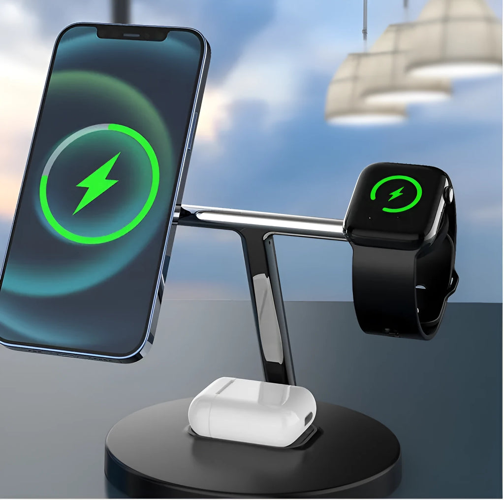Three in one magnetic wireless charger in black or white, 175x120x85mm, with USB interface and EU US USB outlet options