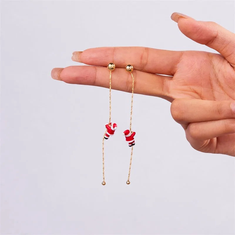 Crawling Santa tassel long asymmetric snowflake earrings in zinc alloy with inlaid diamonds for women
