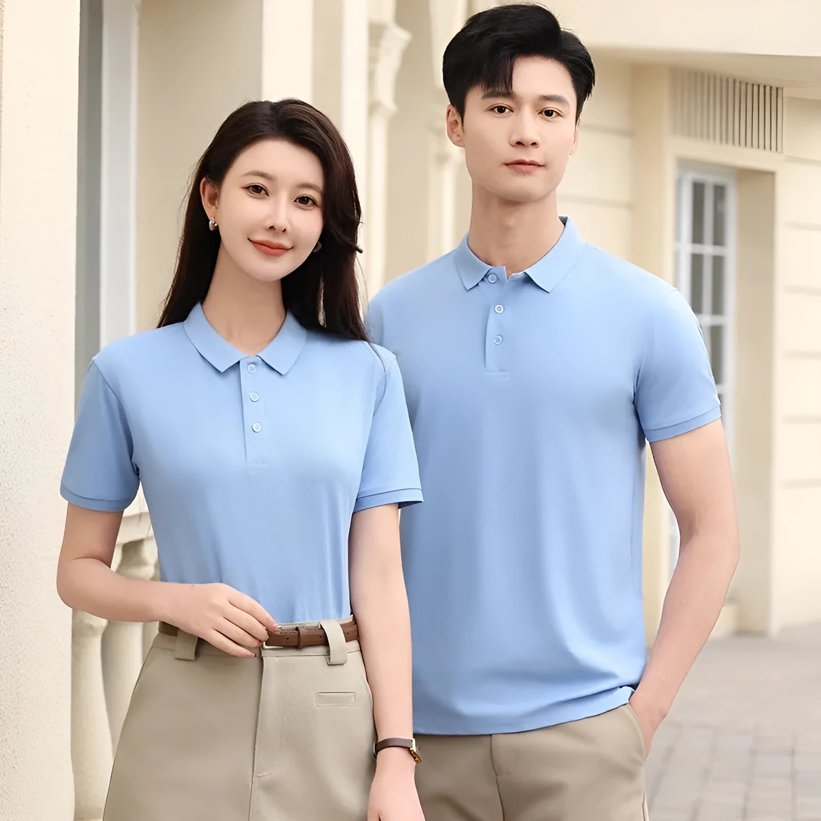 Men's short sleeve polo T-shirt in cotton spandex fabric, shown in multiple colour options.