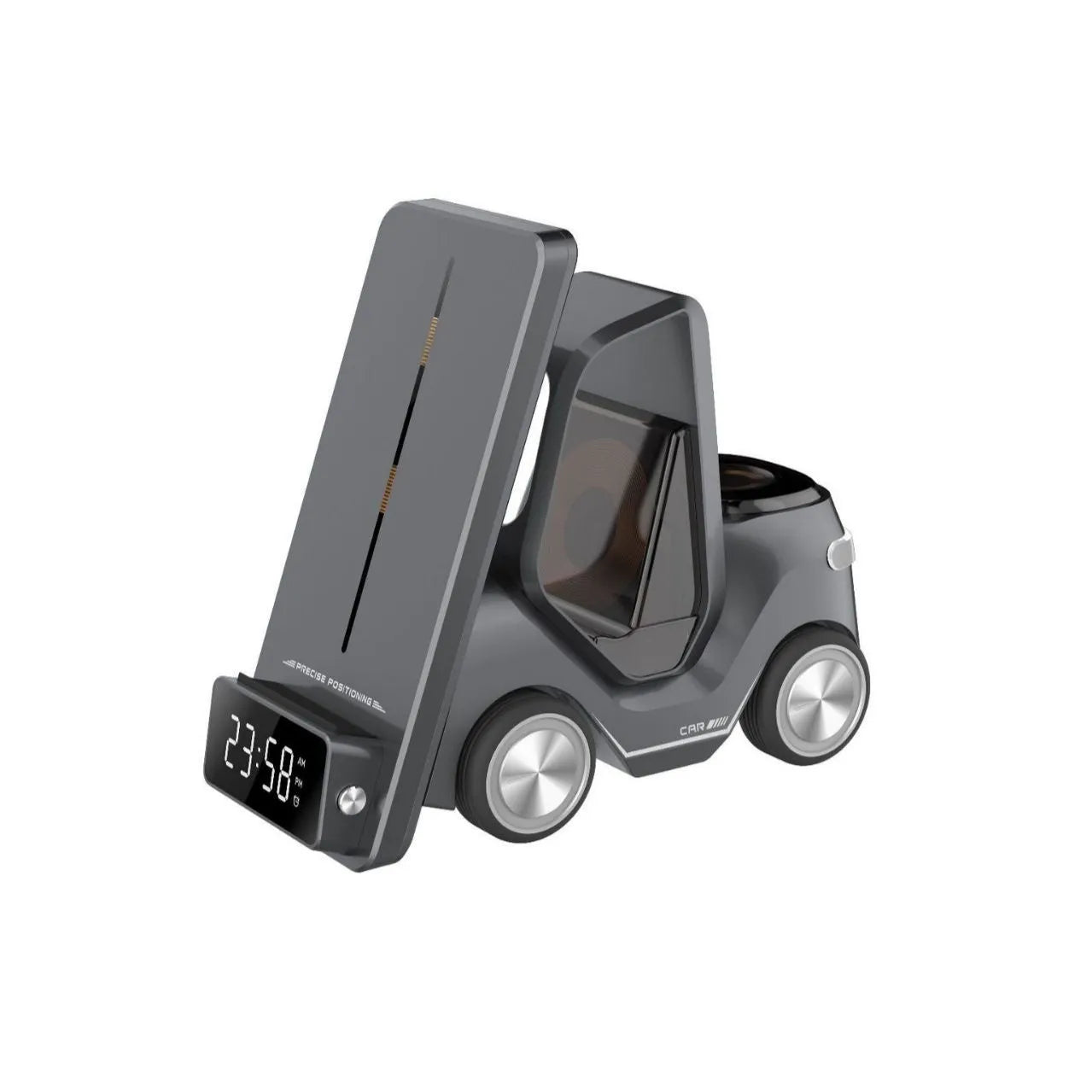 Grey 15W three-in-one wireless fast charging bracket for appliances on a table.