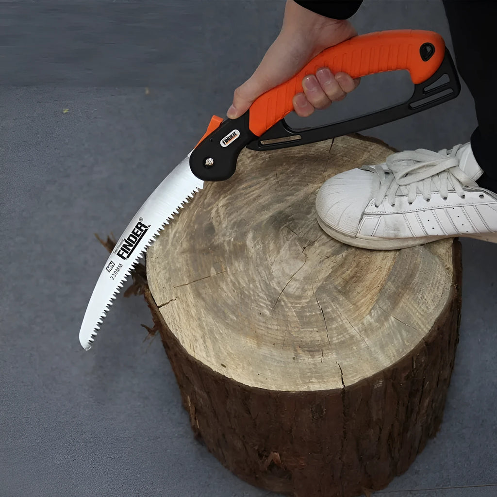 A folded and unfolded view of a black TPR grip folding pruning saw with a 9-inch 65MN steel blade.