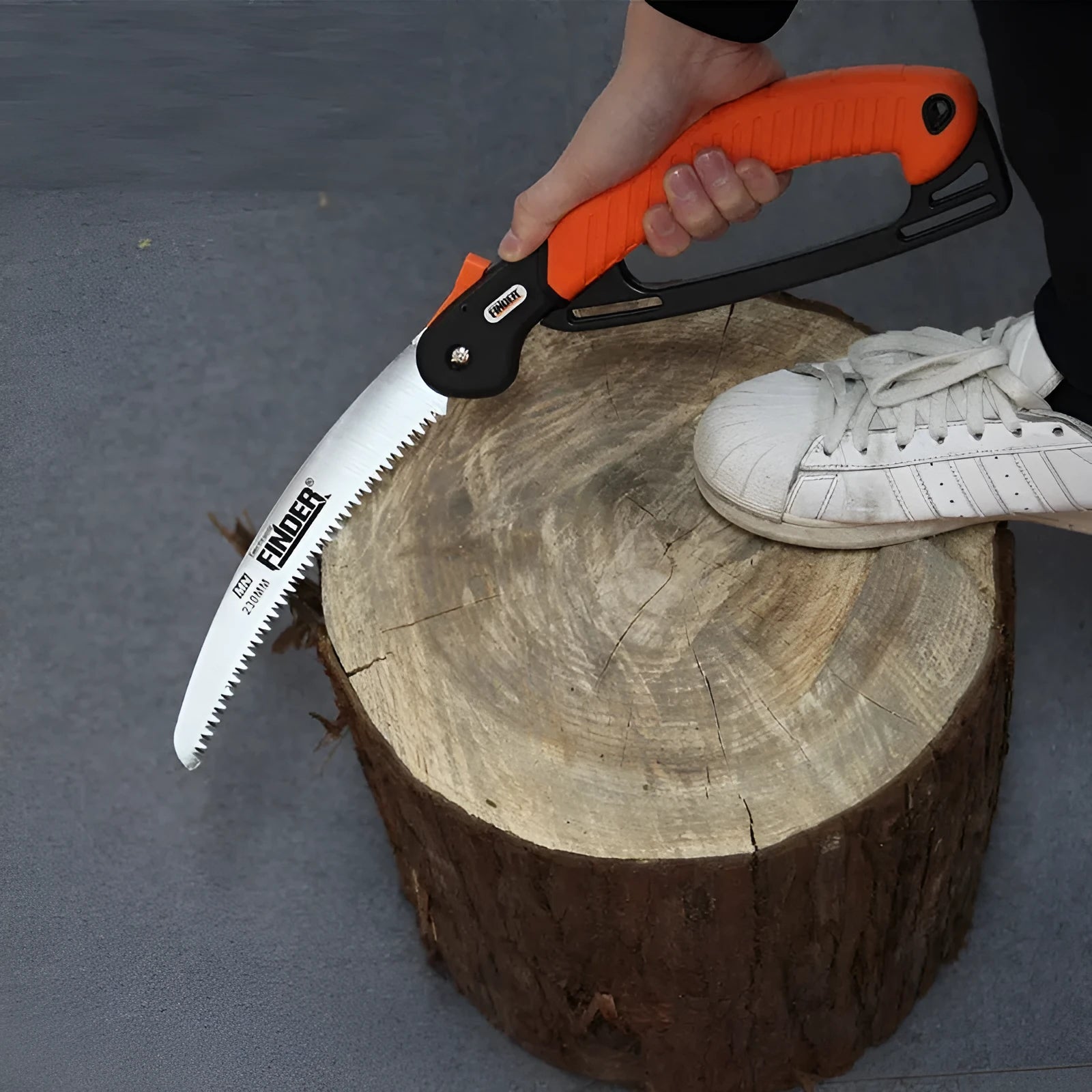 A folded and unfolded view of a black TPR grip folding pruning saw with a 9-inch 65MN steel blade.