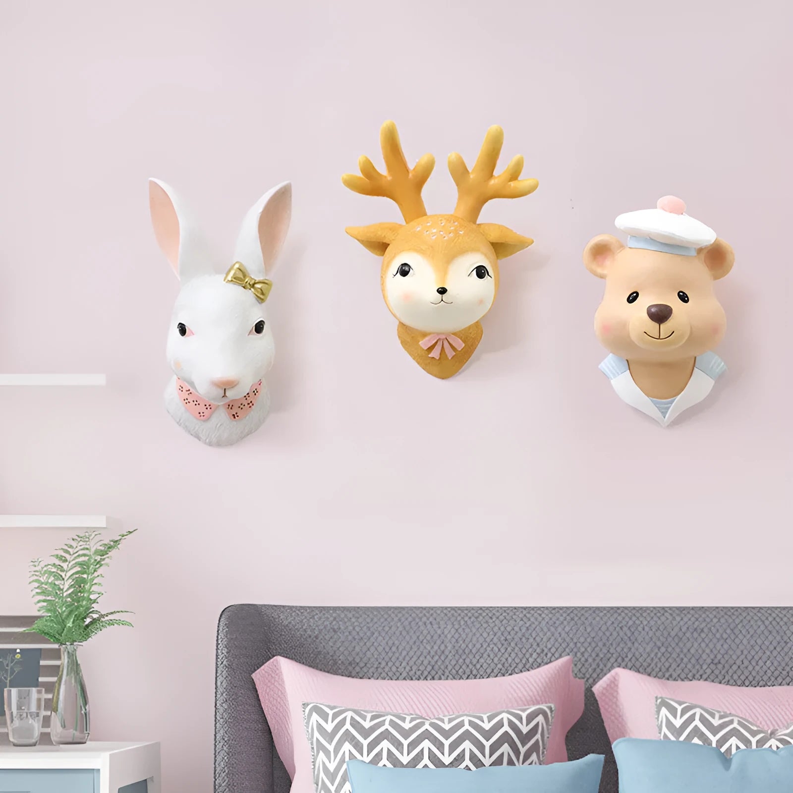 Cartoon rabbit resin wall decor in picture colour with mounting hardware on white background