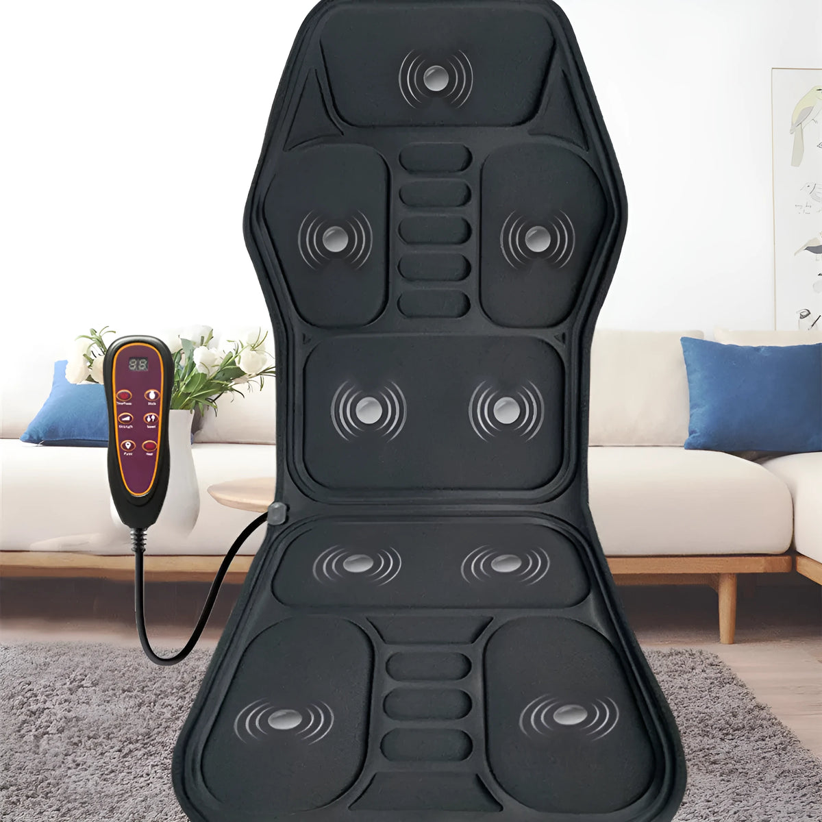 Full body massage car mat with handheld remote and artificial leather surface showing hot compress controls