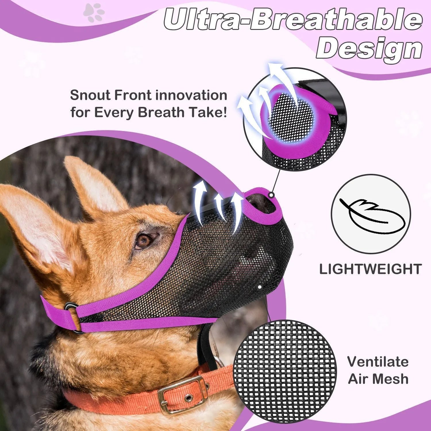 Breathable mesh dog muzzle mask in black, with adjustable straps, suitable for preventing scavenging and barking