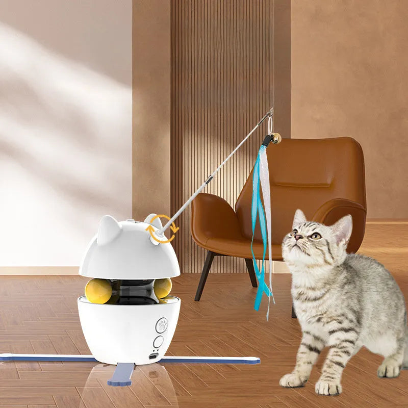 White automatic electronic cat toy with elastic rope and motion-activated motor