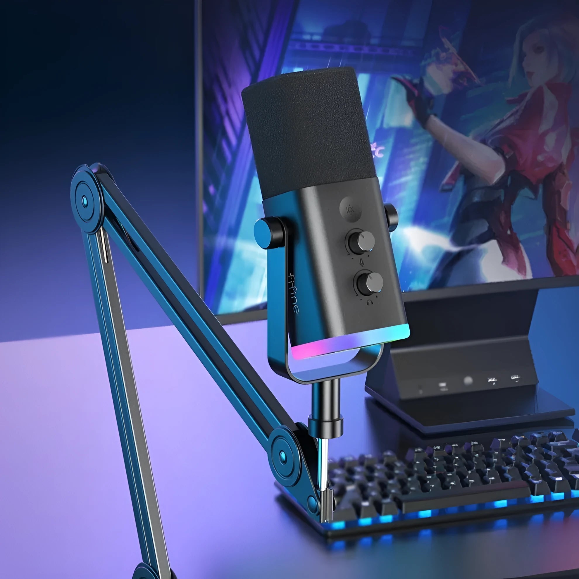 Black USB XLR microphone with noise reduction for streaming and recording, includes cables and base