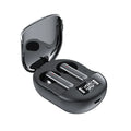 Black or white wireless Bluetooth headset with charging bin showing digital display screen
