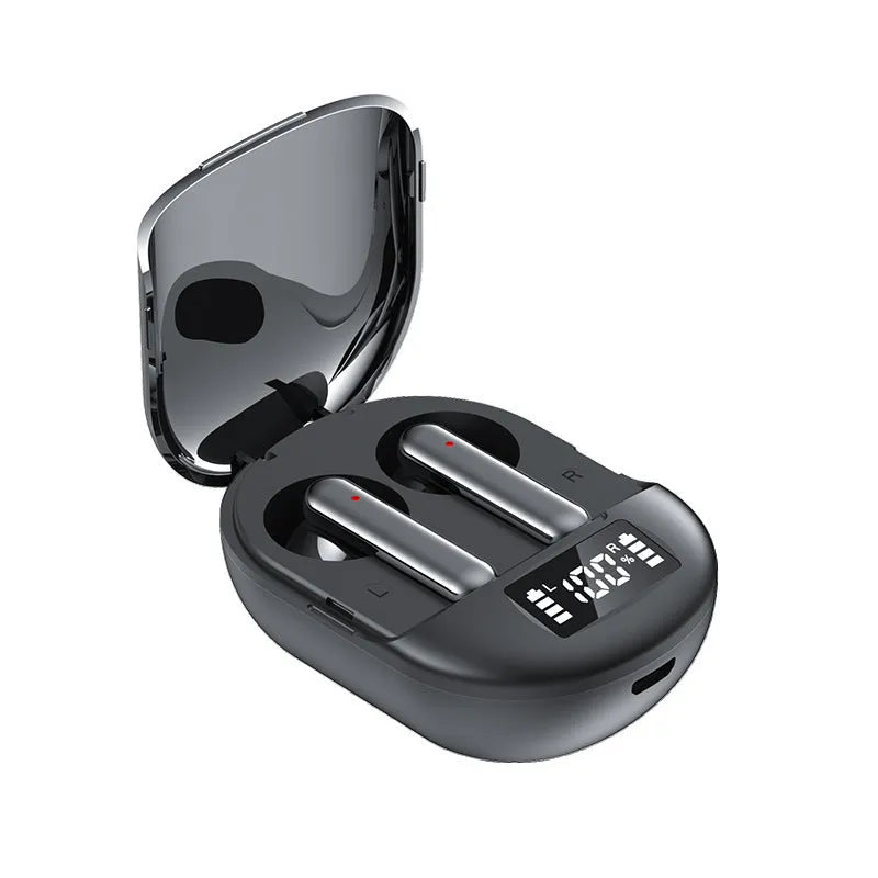 Black or white wireless Bluetooth headset with charging bin showing digital display screen