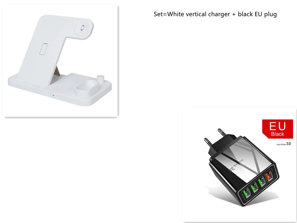 4-in-1 adjustable wireless charging station charging a phone, Apple Watch, and AirPods.