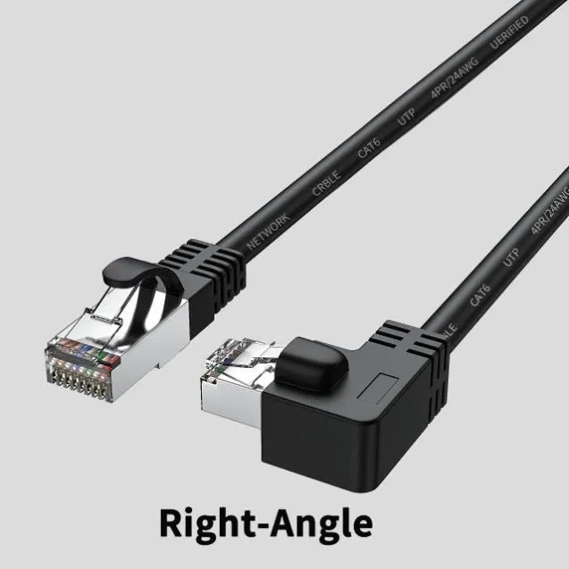 Cat6 Ethernet cable with a right-angle black RJ45 connector alongside cables in white, red, and yellow.