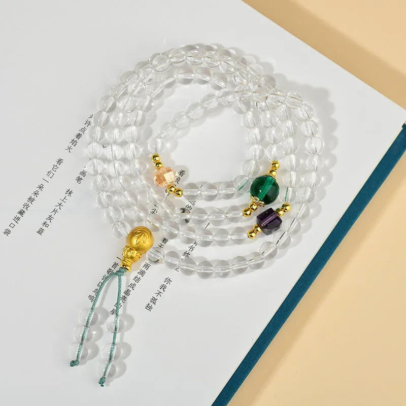White crystal 108-bead rosary bracelet necklace with geometric beads in ethnic style