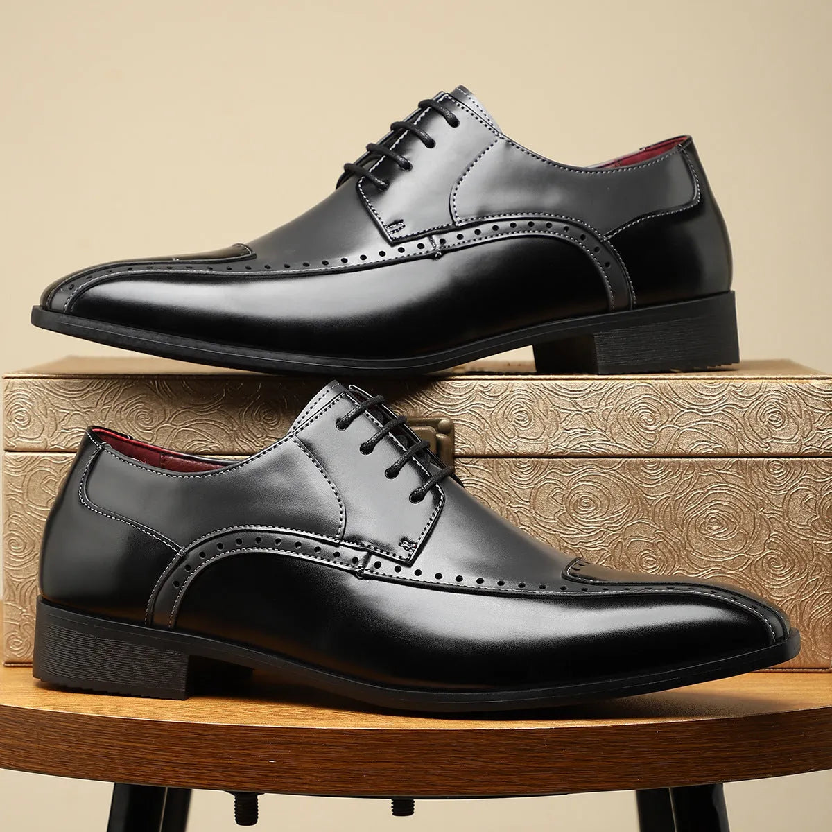 Men's black leather-look business shoes with decorative stitching and structured toe cap on EVA sole