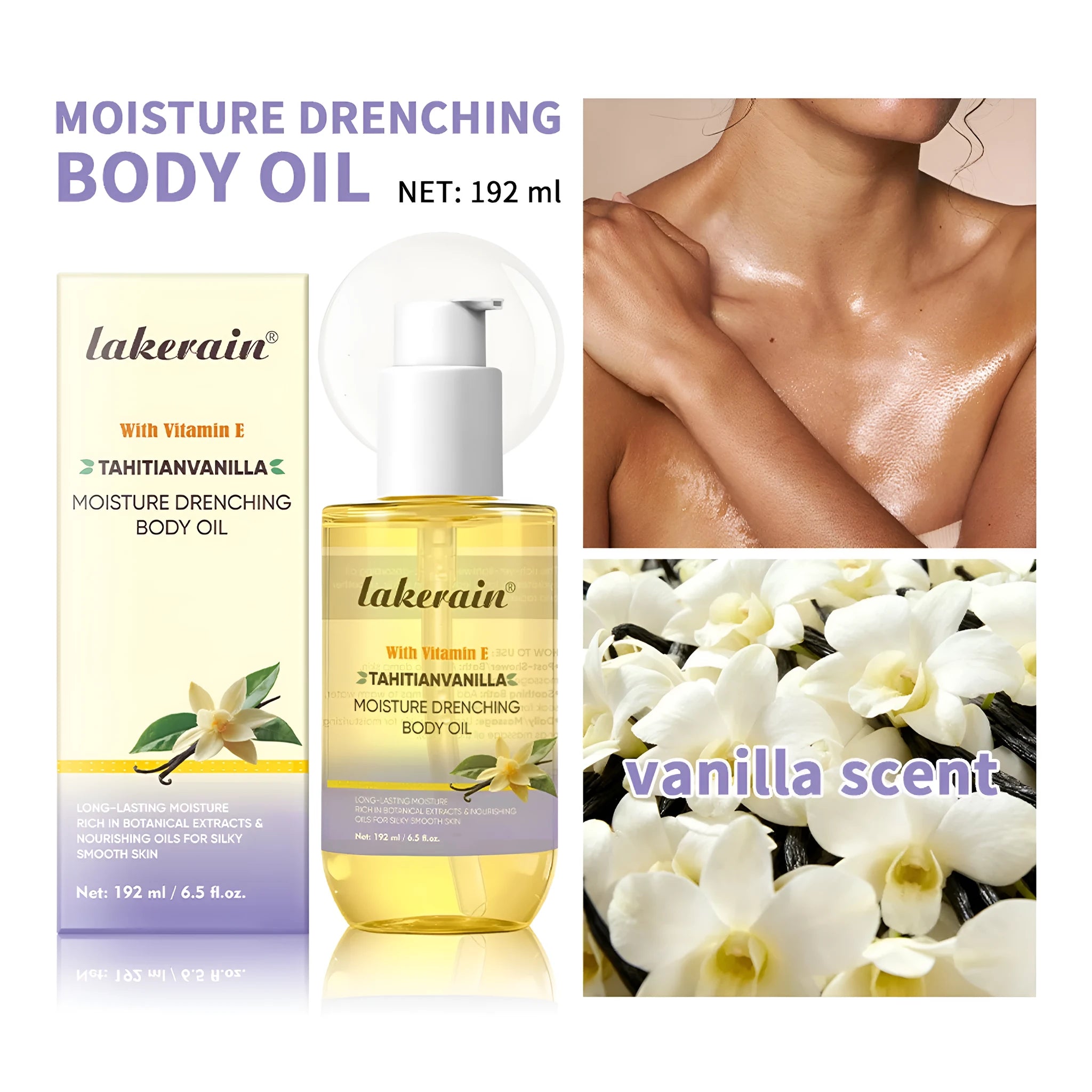 192ml vanilla flavored moisturizing and nourishing soft skin oil in a bottle