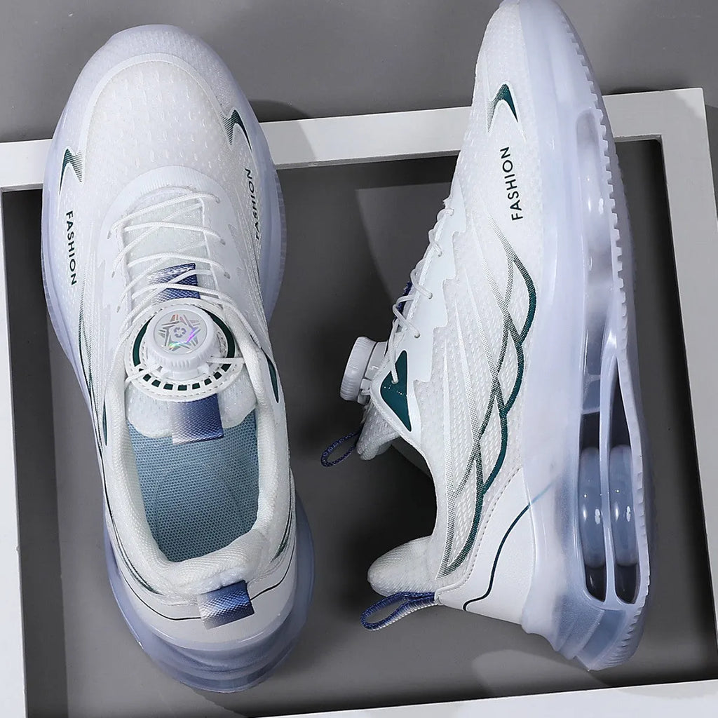 White youth casual shoes with rotating button closure, mesh upper, rubber sole, and lace-up design.