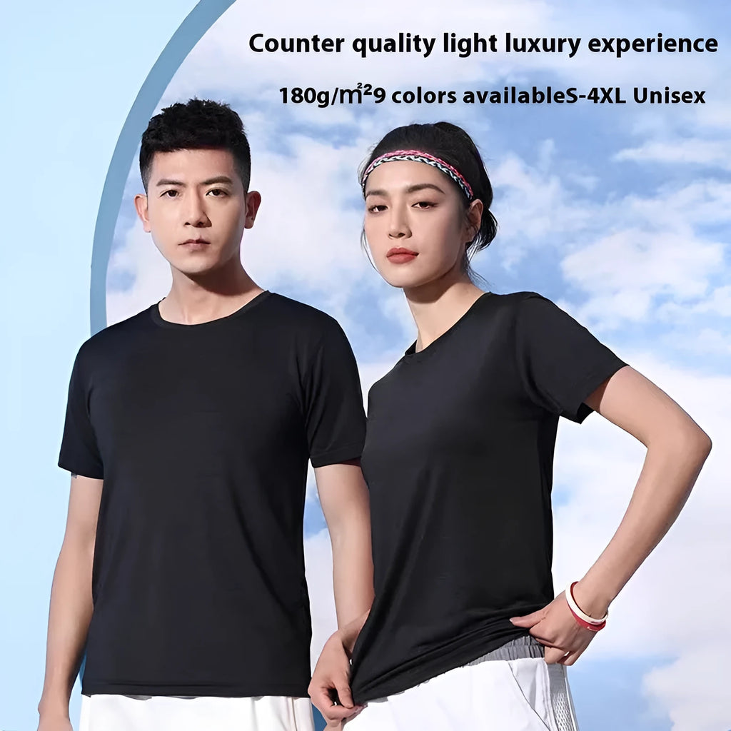 Crystal Silk quick-dry round neck t-shirt in a solid colour on a hanger.