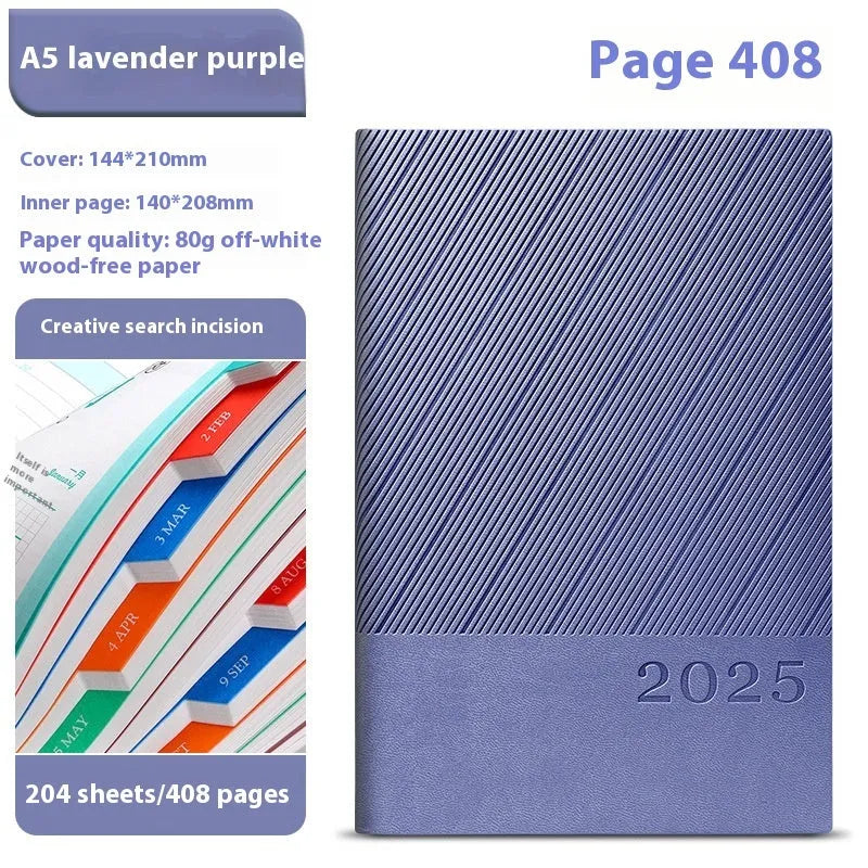 A4 notepad with striped PU leather cover open to show wood-free paper, available in eight colours.