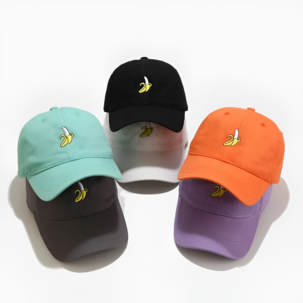 Adjustable baseball cap with banana embroidery in seven colour options