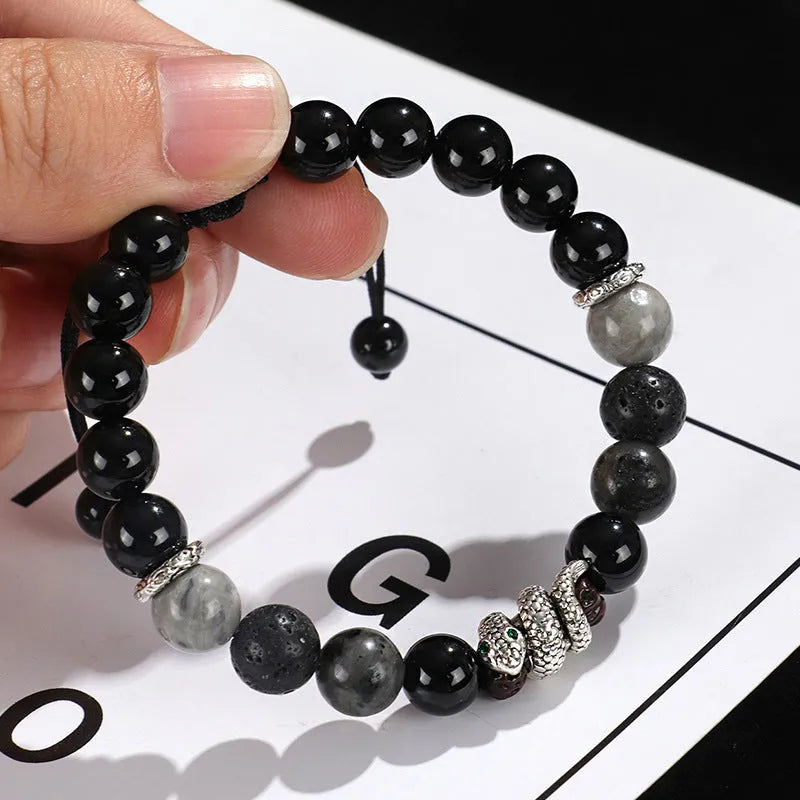 Black and white agate couple bracelet with blessing snake design and turquoise glitter