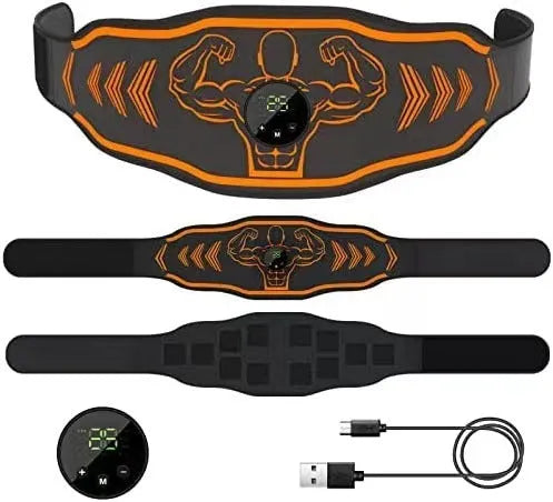 Orange and blue rechargeable EMS smart massage belt with arm and leg pads