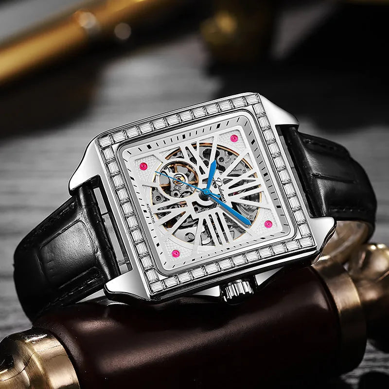 Square diamond-studded automatic watch for men in business style with black or white options