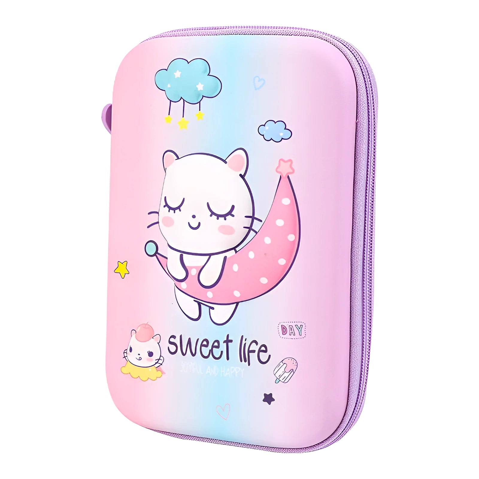 Square canvas pencil case with cartoon character design in rabbit, dinosaur, or moon cat style with zippered closure