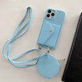 Crossbody phone case with card holder and coin purse in PC leather, available in blue, khaki, and purple for iPhone models