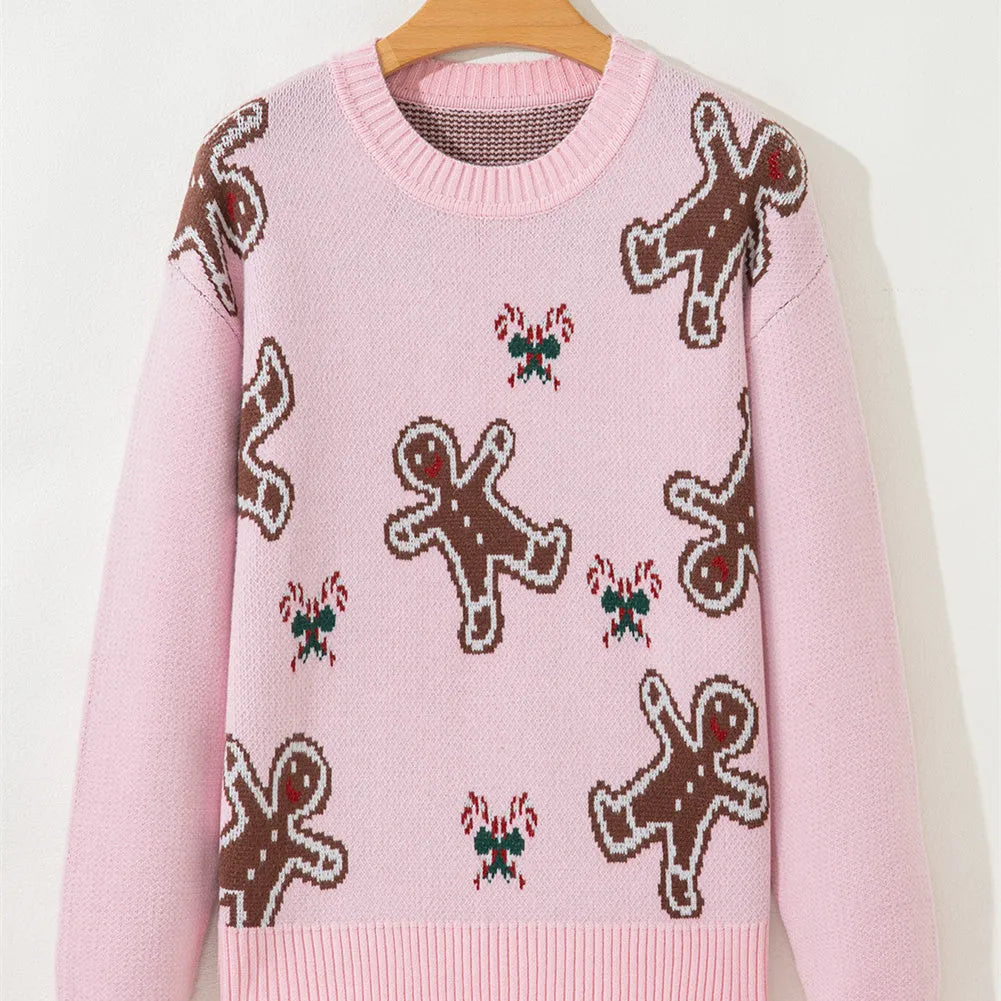 Women's pink round neck loose knit sweater with long flight sleeves and pullover style in sizes S to XL