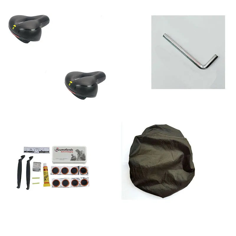 Thickened soft silicone bicycle saddle cushion with PU leather cover, shown with a waterproof cover and repair tools.