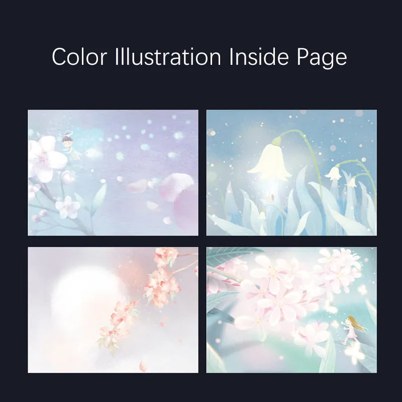 A5 size notebook with a luminous reflective cover, open to show internal pages with colour illustrations.