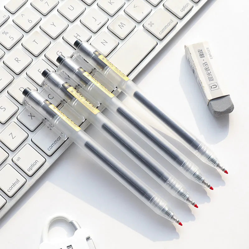 Twelve retractable gel pens with frosted black barrels and 0.5mm tips displayed with two refill units