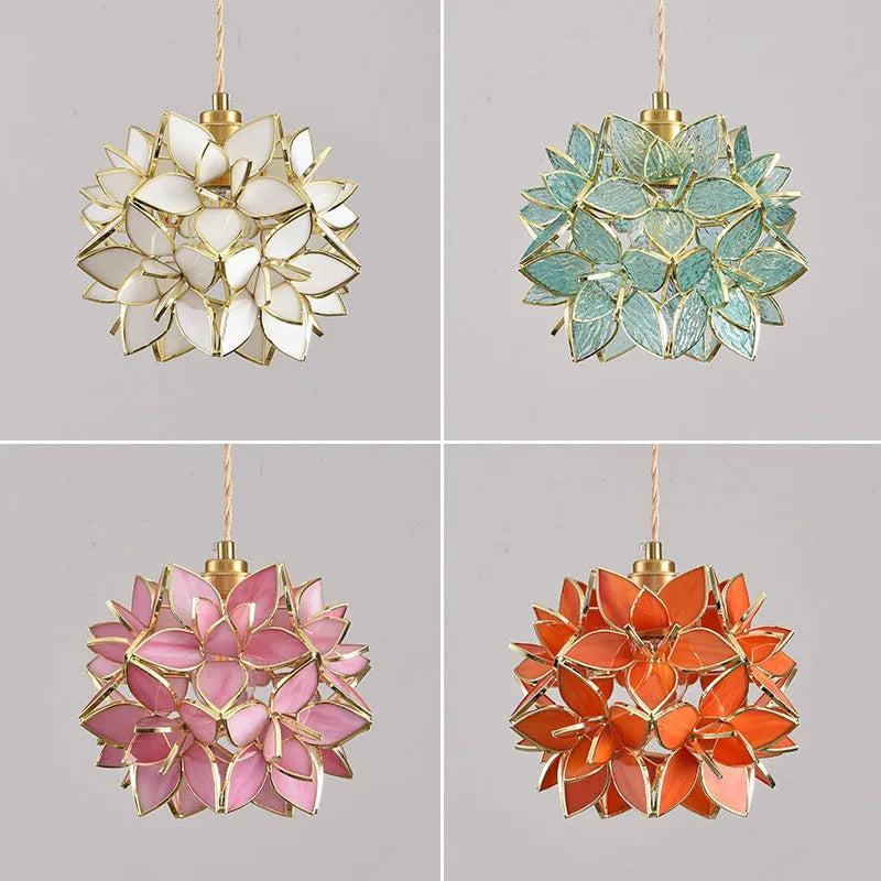 Stained glass hanging chandelier with copper fitting, shown in one of its blue, orange, pink, white or transparent colour options.