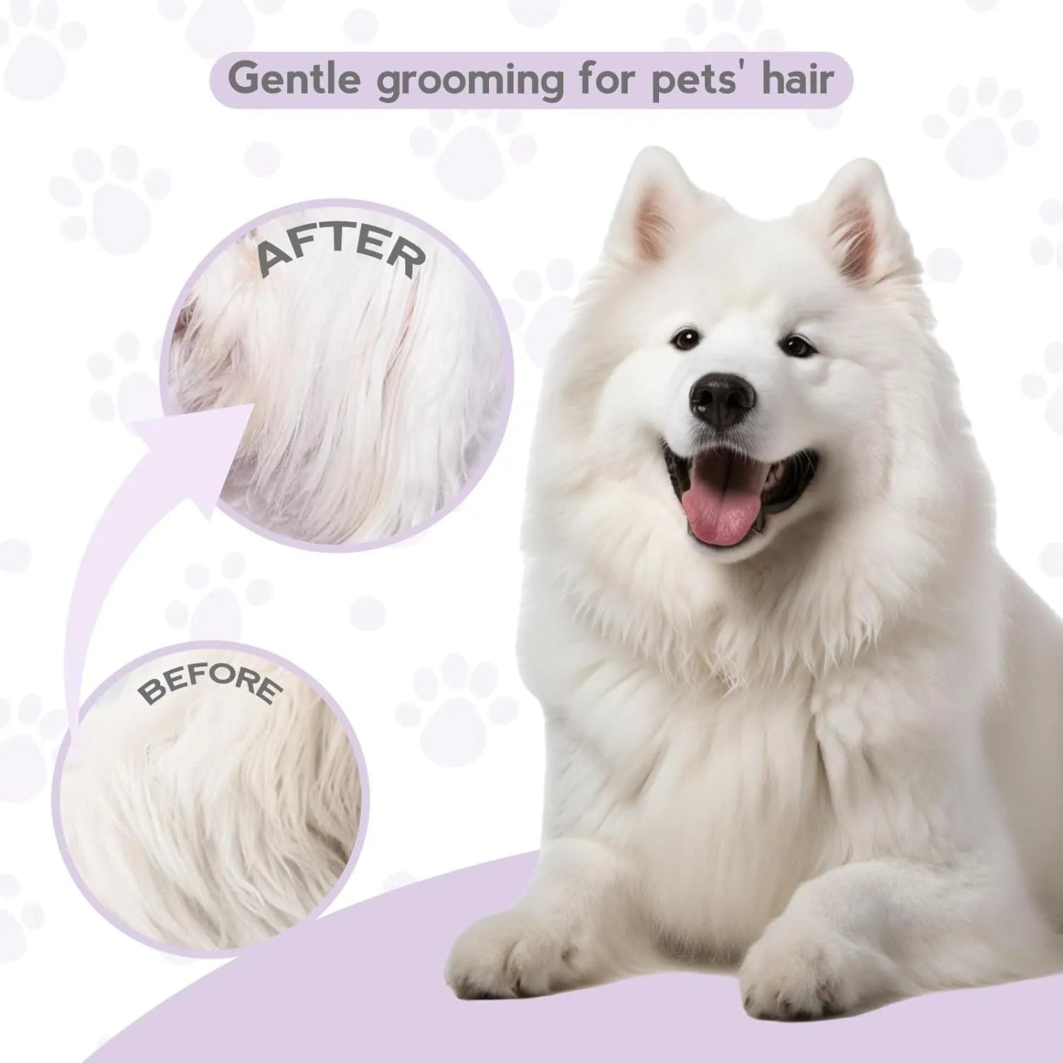 Purple pet detangling comb with stainless steel teeth on a wooden table.
